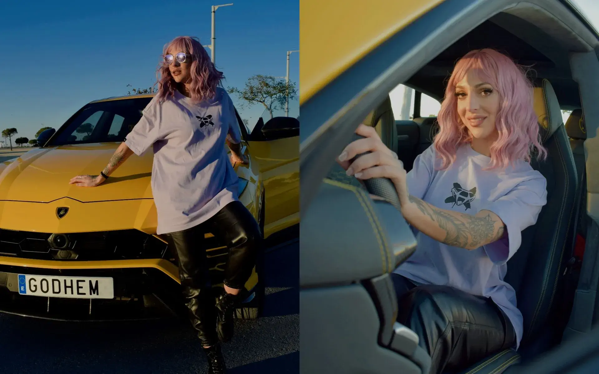 Modelo con la camiseta lavanda del osito apoyada en un coche amarillo y al volante